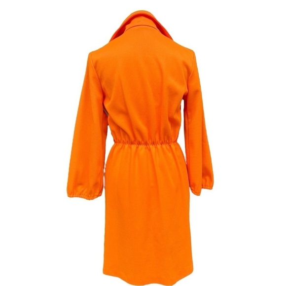 70s Bright Orange Quintess Polyester Dagger Collar Dress with Belt, Deadstock - Picture 3 of 11